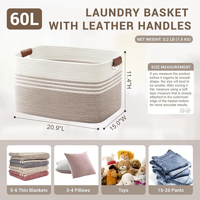 SunNewt 60L Large Laundry Basket with Leather Handles for Living Room Storage, Woven Rope Baskets Bin for Blanket, Kids Toy, Gifts, Wicker Hamper for Bedroom Dirty Clothes, White Brown