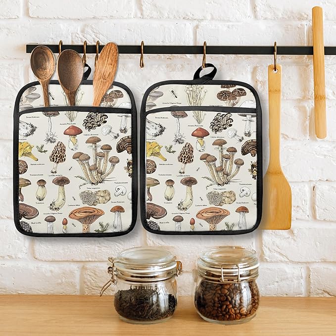 Mushroom Pot Holders with Pockets, Vintage Cottagecore Mushroom Oven Pot Holders Heat Resistant Oven Mitts Hot Pads for Kitchen Baking Cooking