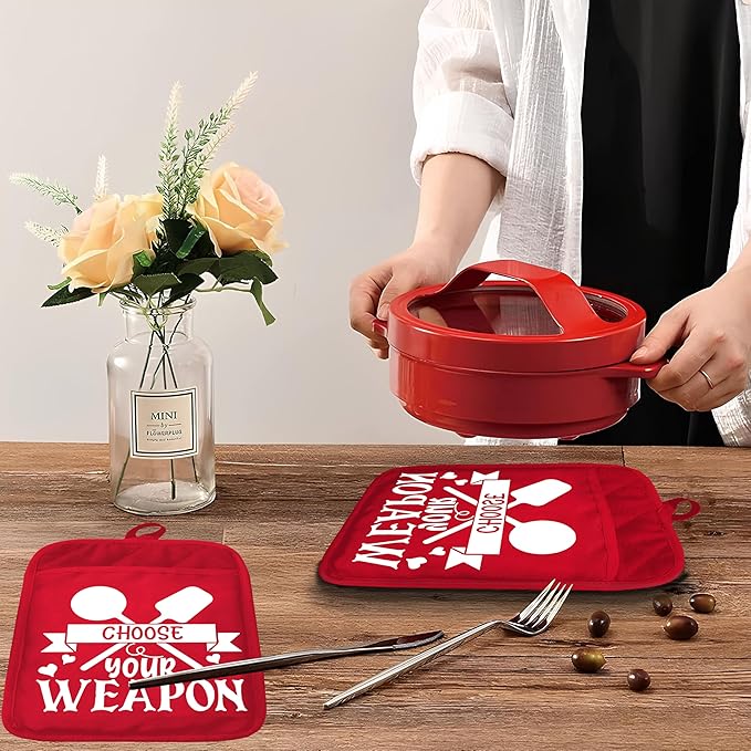 Funny Christmas Kitchen Pot Holders with Pockets, Choose Your Weapon Red Holiday Christmas Oven Pot Holders Heat Resistant Oven Mitts Hot Pads for Kitchen Baking Cooking