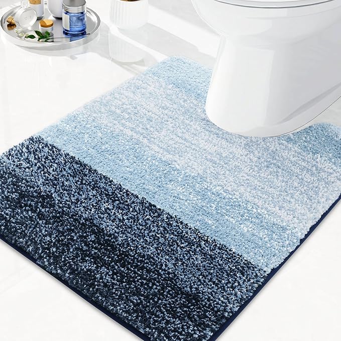 Arotive Microfiber Bathroom Rugs, Shaggy Soft and Absorbent Contour Toilet Rugs, Non-Slip, Thick Plush Machine Washable Dry Bath Mats for Toilet Base, 24x24, Dark Blue, U-Shape