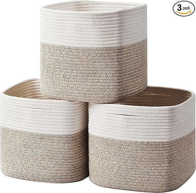 Gocjuaza 3 Pack Storage Cubes 11 Inch Cotton Rope Woven Baskets for Organizing Cube Bin Square Shelves Organizer,Classroom,Kids Toy Bins,Closet,Baby Nursery(Brown)