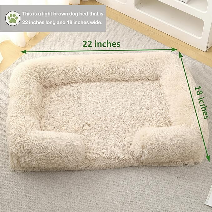 CareCooo Orthopedic Dog Bed for Medium Dogs - Washable Memory Foam Pet Sofa, Fluffy Plush Rectangular Bed, Waterproof Anti-Anxiety Couch, Light Brown, M
