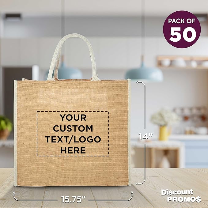 DISCOUNT PROMOS Custom Fresno Eco Friendly Jute Tote Bags Set of 50, Personalized Bulk Pack - Reusable, Great for Tradeshows, Grocery, Shopping and Outdoor Events - Light Beige