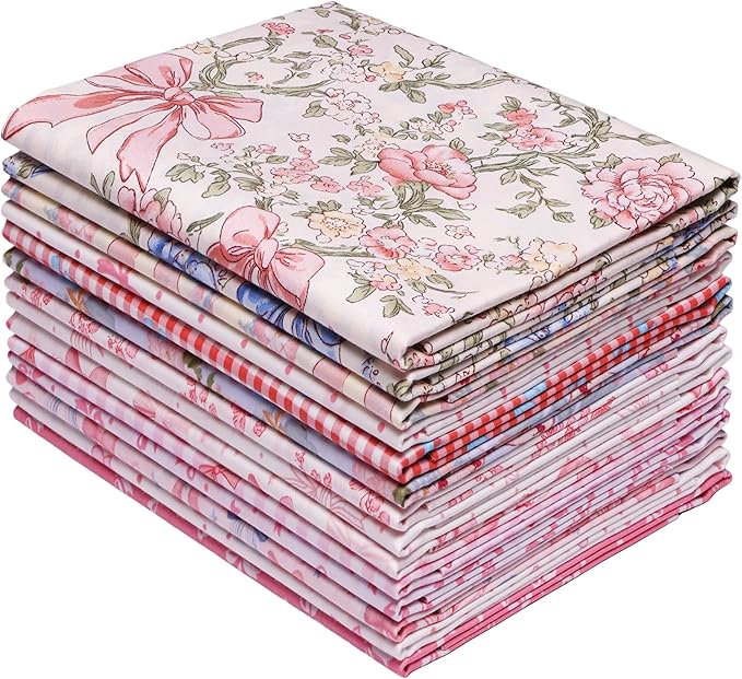 Hanjunzhao 14Pcs Valentines Bow Print Cotton Fat Quarters Fabric Bundles 18 x 22 Inch for Quilting, DIY Bowknot, Hair Accessories, Gift Wrapping, Holiday Valentine Party Home Décor, and Crafts (Bows)