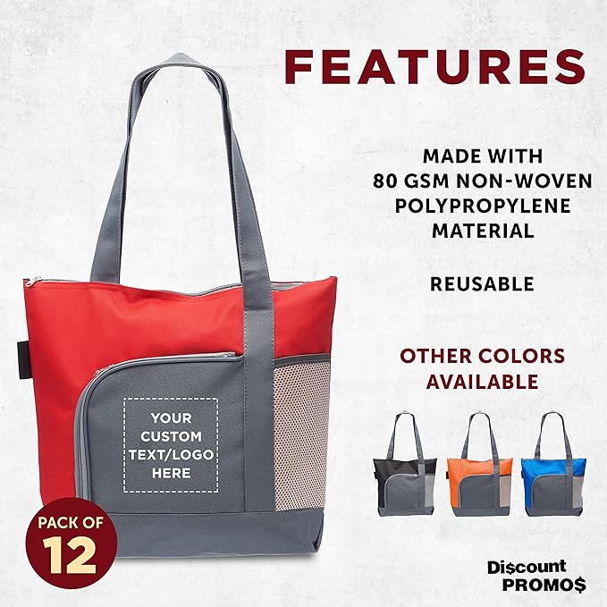 DISCOUNT PROMOS Custom Go Getter Sport Tote Beach Bags Set of 12, Personalized Bulk Pack - Reusable, Great for Shopping, Beach, Picnic, Other Outdoor Adventure - Red