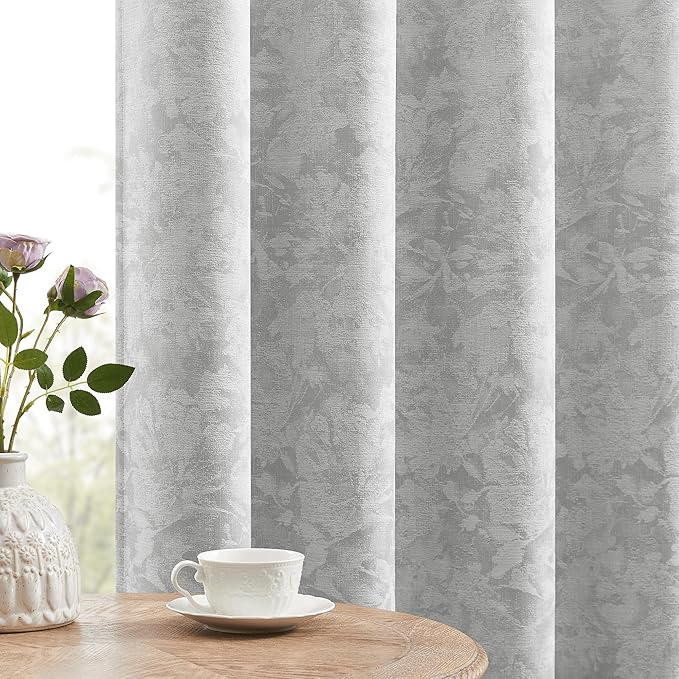 Beauoop Grey Floral Jacquard Blackout Curtains 96 Inches Long 2 Panels for Bedroom Living Room Chenille Flower Room Darkening Thermal Insulated Soundproof Rod Pocket Back Tab Window Drapes, 52x96