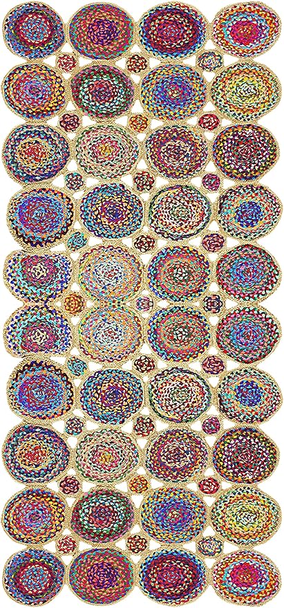 Scalloped Edge Rug, Hand Woven Natural Chindi Cotton and Jute Area Rug, 6x8 Ft Beige & Multicolor Braided Kilim Rugs for Living Room, Kitchen, Entryway, Farmhouse