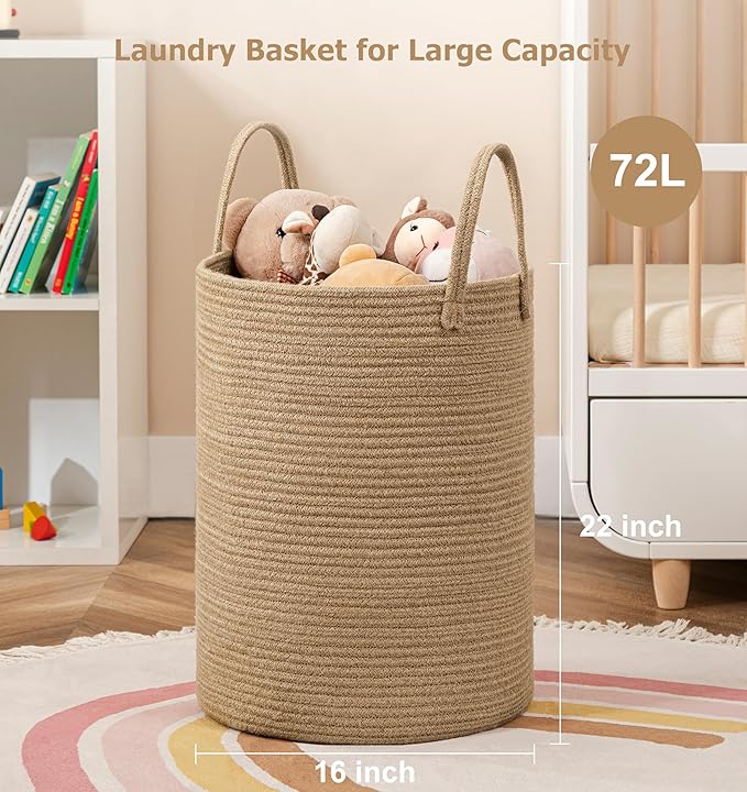 Laundry Basket, 72L Woven Laundry Hamper, Baby Nursery Hamper for Toys, Blanket Basket for Living Room, Clothes Hamper for Bedroom&Baby Room, Jute