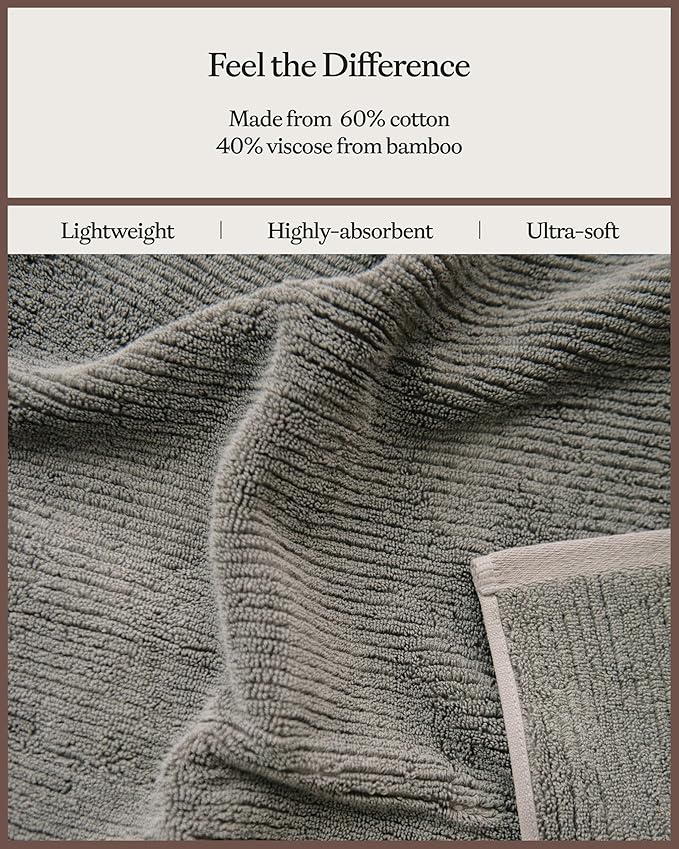 Cozy Earth Ribbed Hand Towel Set - 60% Cotton 40% Viscose from Bamboo Hand Towels - Soft & Absorbent Textured Ribbed Pattern - 2 Pack Charcoal