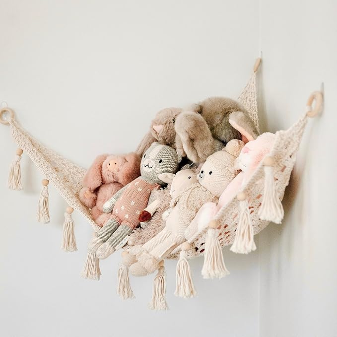 Sasa Baby and Toddler Macrame Hanging Net for Stuffed Toys - Corner Hammock Organizer for Plush Animals, Buttercream
