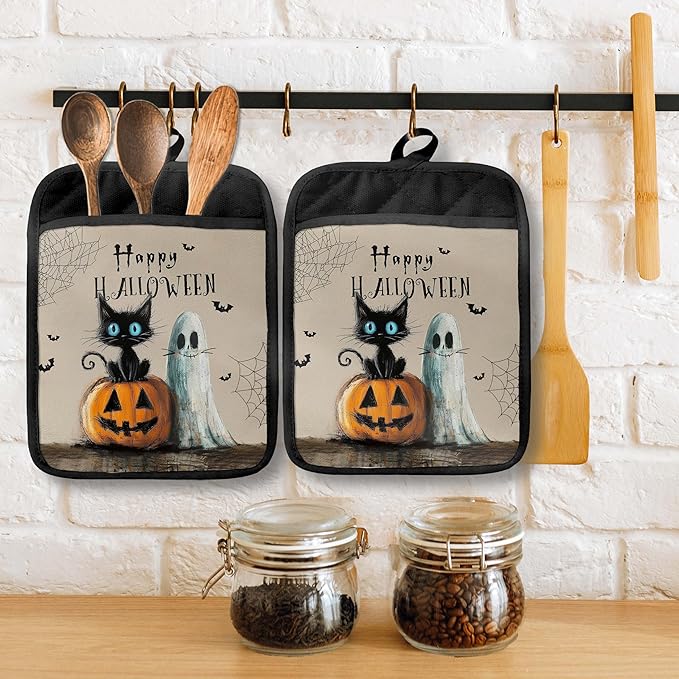 Halloween Black Cat Ghost Pot Holders with Pockets, Vintage Funny Black Cat Pumpkin Halloween Oven Pot Holders Heat Resistant Oven Mitts Hot Pads for Kitchen Baking Cooking