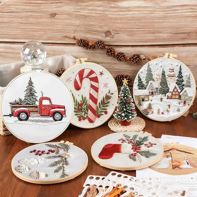 QBQBQ 4 Sets Embroidery Kits for Beginners, Cross Stitch Kit with Videos, Patterns, Needles, Threads, Bamboo Hoop & Supplies, Includes Winter Designs, Holiday Gifts & Home Decor Art (Christmas Kits A)