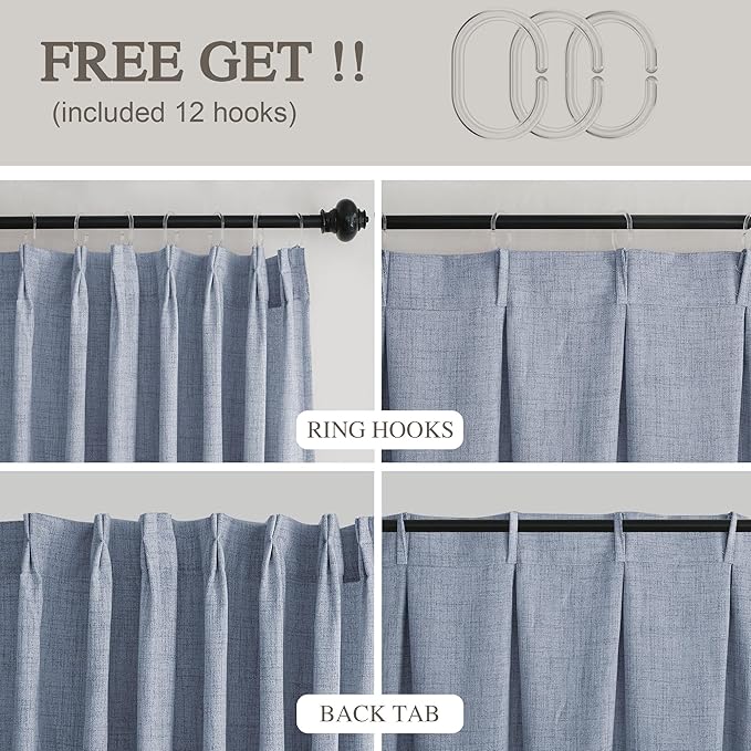 HIG Dusty Blue Linen-Like Pinch Pleated Shower Curtain, 72 Inch Wide, Fabric Bathroom Curtain with Memory Shape, Modern Neutral Solid Color, Machine Washable Privacy Cloth Curtain for All Season Use