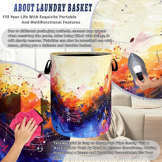 Colorful Music Notes Laundry Hamper Foldable Oxford Cloth Music Funny Laundry Basket With Handle Portable Clothes Storage Basket Laundry Bag 18.9"x16.5" For Laundry Room/Bedroom/Bathrooms
