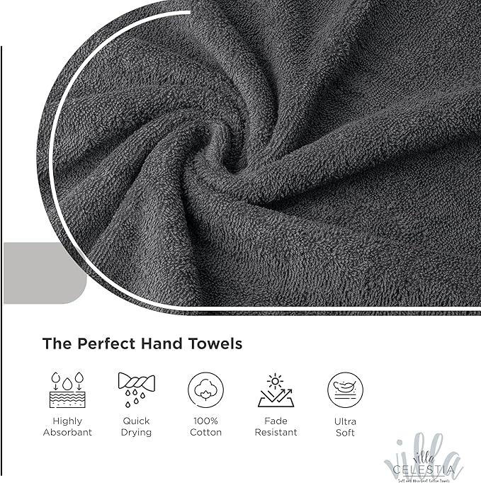 Villa Celestia 100% Cotton Hand Towel Set of 4, (16 x 28 inches) Sustainable, Soft, Highly Absorbent, Quick Drying, Combed Cotton Hand Towels Pack of 4 Ideal for Hotels, Spa, Bathroom, Dorm, Grey