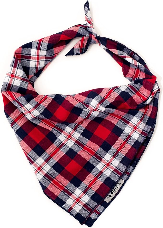 THE WORTHY DOG Classic Tie-On Dog Bandana – Soft Cotton Flannel Square Pet Bandana, Madras Plaid Classic Pattern, Red/Navy, Large