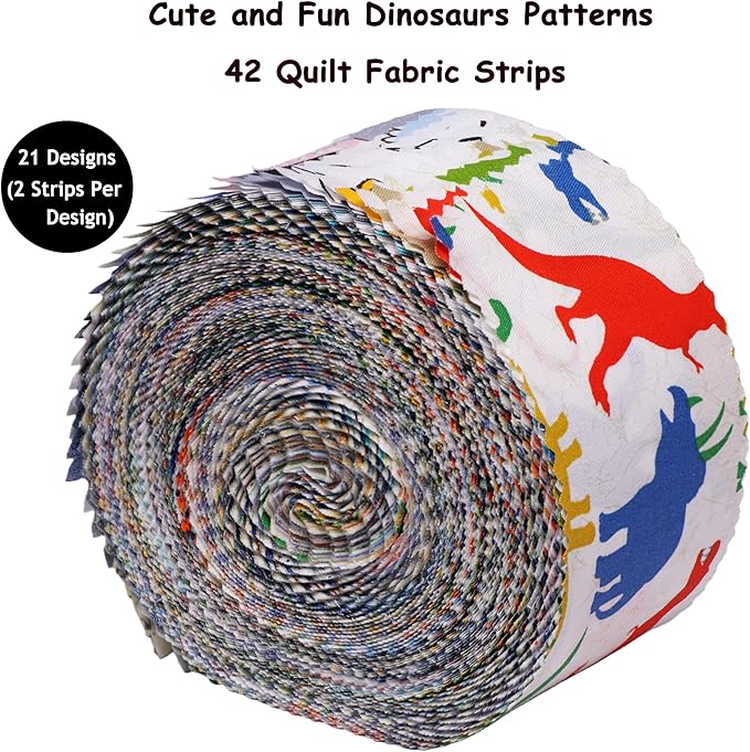 Hanjunzhao Dinosaur Fabric Jelly Rolls for Quilting, 42 Strip 2.5" x 44" Dinosaur Jelly Roll Fabric, Soft Cotton Material Strips for Baby Boy Kids Blanket, Rug, Upholstery, Home Décor, and Crafts