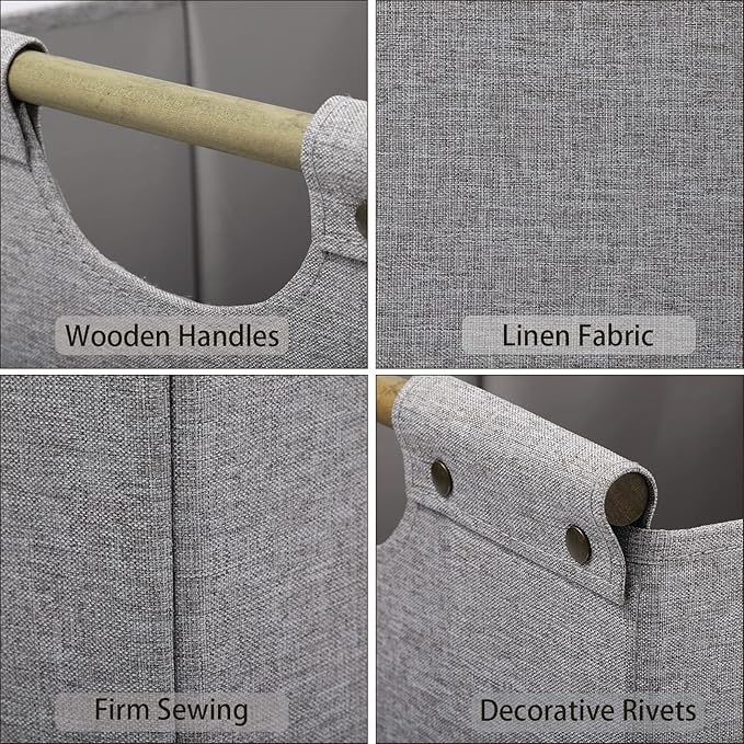 HOONEX Collapsible Storage Bins, 13x13x13in Storage Cubes Linen Fabric, 3 Pack, Storage Baskets with Wooden Carry Handles and Sturdy Heavy Cardboard, for Home, Office, Car, Nursery, Light Grey