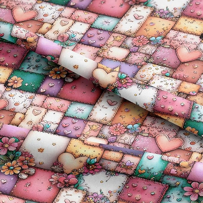 Sweet Hearts Patchwork Cotton Fabric Panel – 100% Turkish Cotton 140 GSM, Pre-Cut 61 x 36.6 Inches, Romantic Floral Sewing Fabric for Quilting, Gifts & DIY Crafts