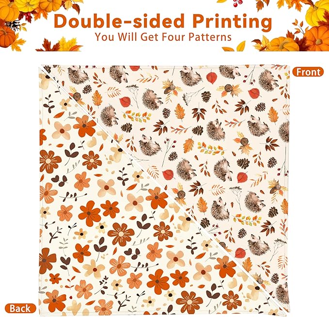 Fall Dog Bandana Reversible 2 Pack Small, Cute Autumn Pumpkin Floral Hedgehog Fall Pet Bandanas Set Adjustable Triangle Holiday Scarves for Small Medium Boy Girl Dogs