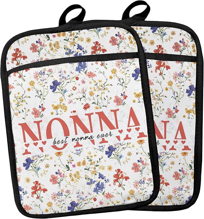 Nonna Gifts Floral Pot Holders, Mother's Day Birthday Gifts for Nonna from Grandkids Grandsons Granddaughters Canvas Pot Holders for Women,Potholders for Kitchens