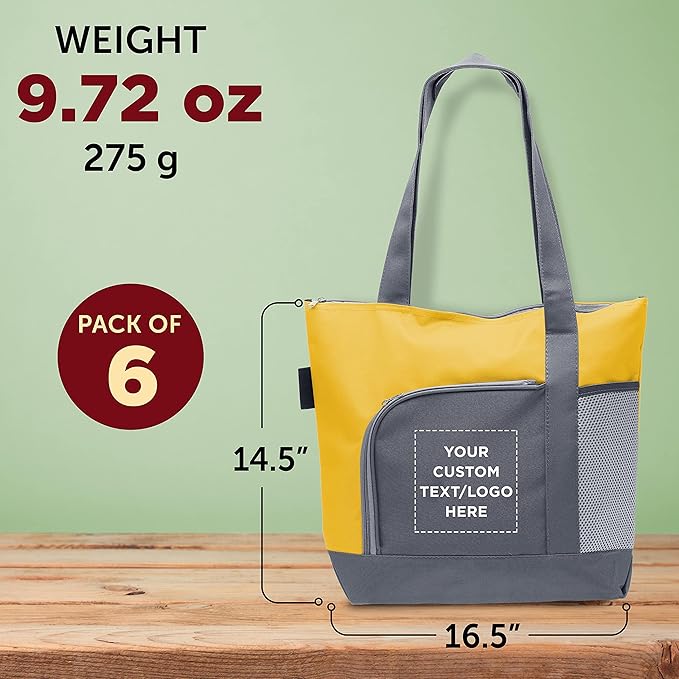 DISCOUNT PROMOS Custom Go Getter Sport Tote Beach Bags Set of 6, Personalized Bulk Pack - Reusable, Great for Shopping, Beach, Picnic, Other Outdoor Adventure - Yellow