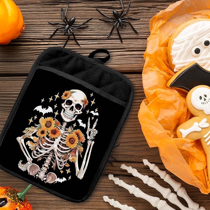 Halloween Sunflower Skeleton Pot Holders with Pockets, Funny Halloween Skull Bat Sunflower Oven Pot Holders Heat Resistant Oven Mitts Hot Pads for Kitchen Baking Cooking