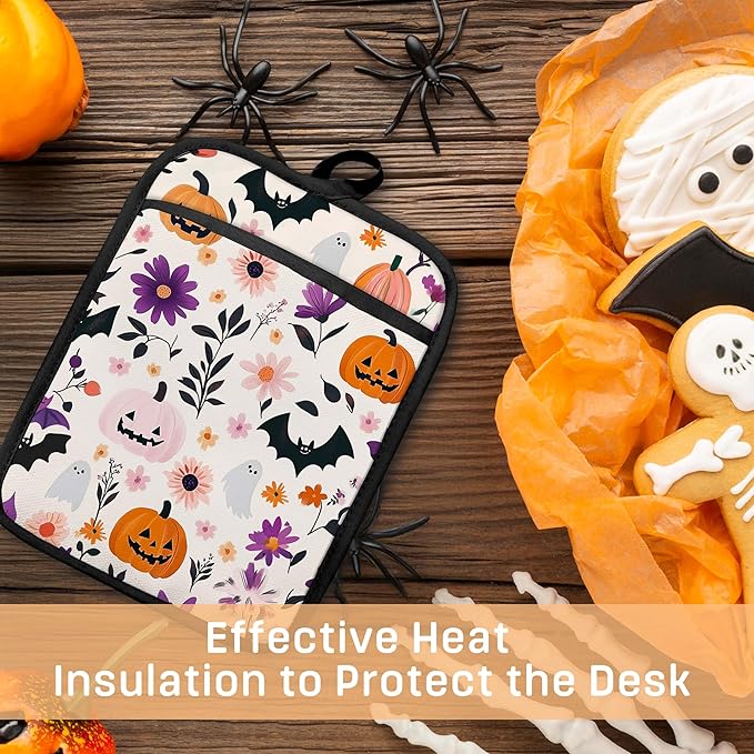 Pastel Halloween Pumpkin Floral Pot Holders with Pockets, Halloween Cute Ghost Bat Oven Pot Holders Heat Resistant Oven Mitts Hot Pads for Kitchen Baking Cooking, Set of 2