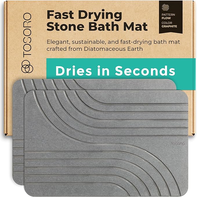 TOSORO - Stone Bath Mat, Diatomaceous Earth Non-Slip Stone Shower Mat - Quick Drying Absorbent Bath Mats for Bathroom - Elegant & Modern Design, Easy to Clean (23.5 x 15) - Graphite, 2pcs