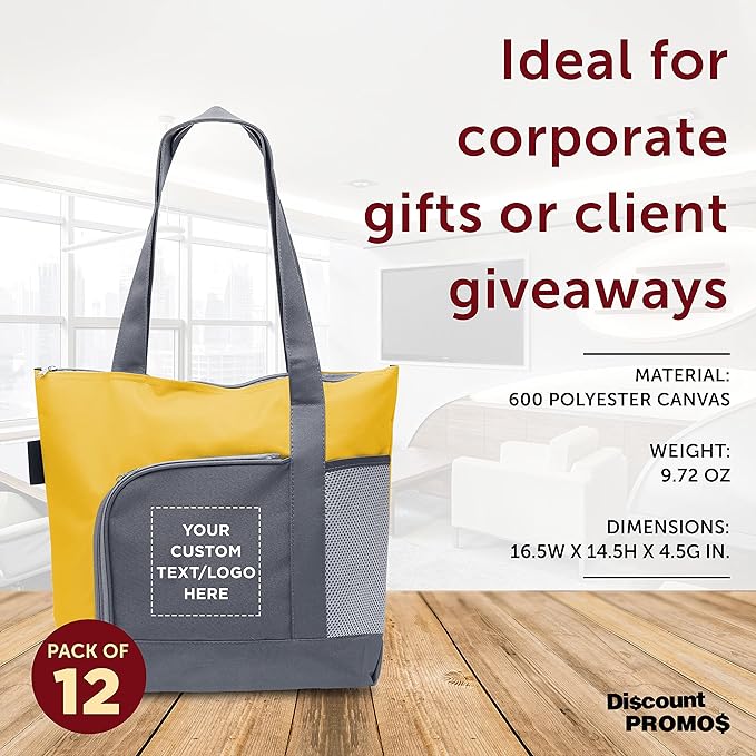 DISCOUNT PROMOS Custom Go Getter Sport Tote Beach Bags Set of 12, Personalized Bulk Pack - Reusable, Great for Shopping, Beach, Picnic, Other Outdoor Adventure - Yellow