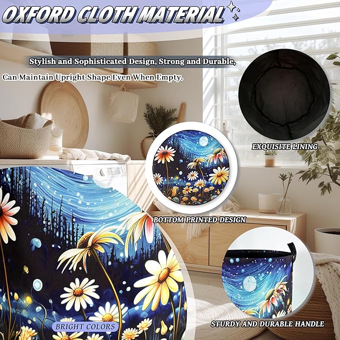 Watercolor Flowers Laundry Hamper Foldable Oxford Cloth Night Starry Sky Floral Laundry Basket With Handle Portable Clothes Storage Basket Laundry Bag 18.9"x16.5" For Laundry Room/Bedroom/Bathrooms