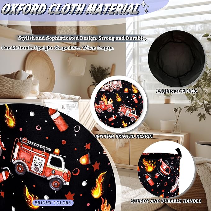 Fire Truck Fireman Laundry Basket Oxford Cloth Firefighters Funny Laundry Hamper With Handle Portable Clothes Storage Basket Foldable Laundry Bag 18.9"x16.5"For Laundry Room/Bedroom/Bathrooms
