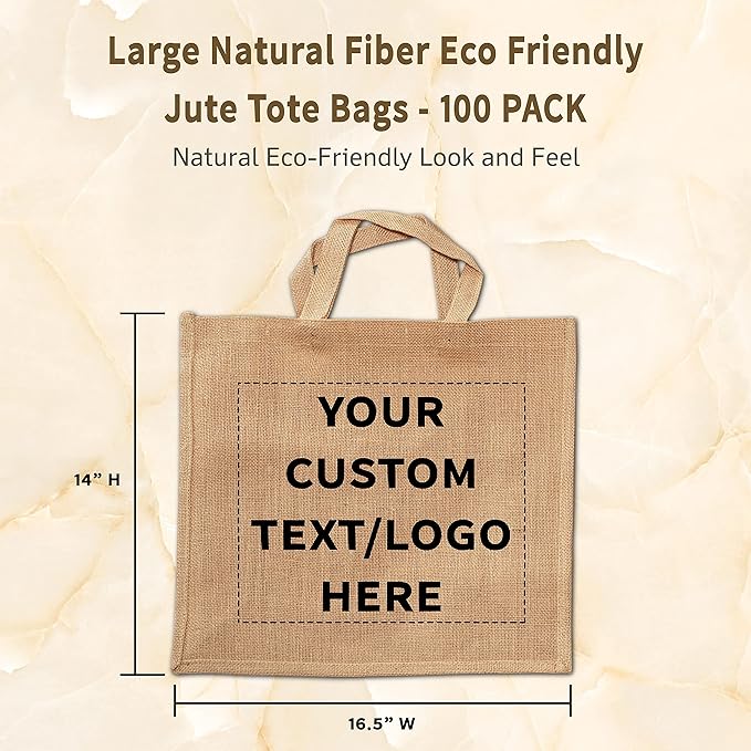 DISCOUNT PROMOS 100 Large Jute Tote Bags Set - Customizable Text, Logo - Sturdy, Recyclable, Reusable, Simple - Natural
