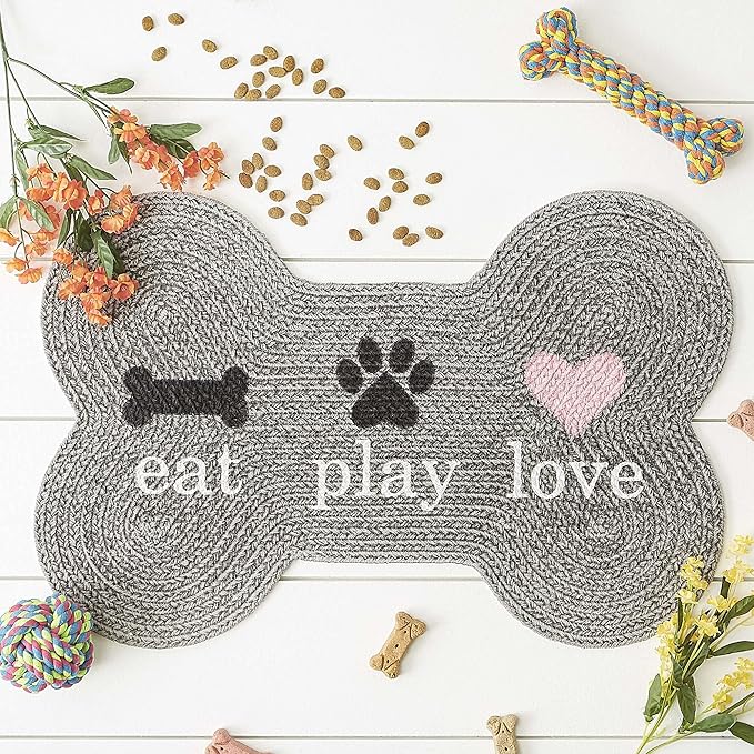 DII Braided Pet Mat Collection 100% Cotton, Bone Shape, Gray Eat Play Love