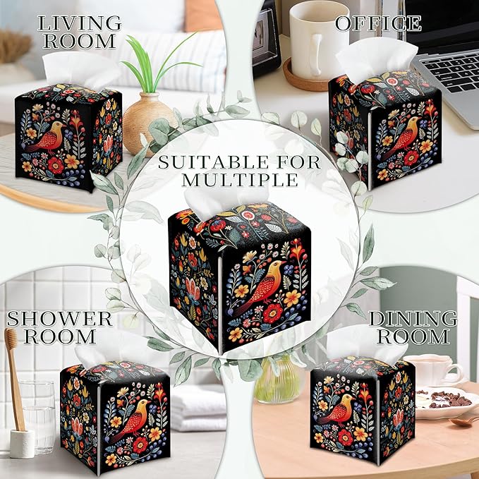 Black Tissue Box Holder, Floral Bird Leather Tissue Box Cover Square with Bottom Belt, Paper Napkins Everyday Dispenser for Bathroom Night Stands Kitchen Office Car Home Decor