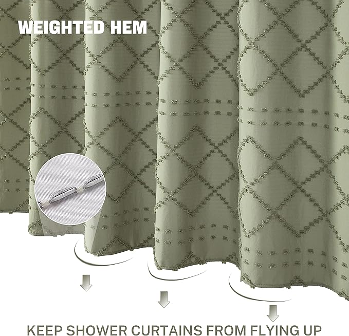 Small Stall Boho Shower Curtain - Sage Green Tassle Woven Fabric - 36 x 72 Half Size - Tufted Chevron Striped Textured Modern Farmhouse Minimalist Cloth Shower Curtain for Bathroom