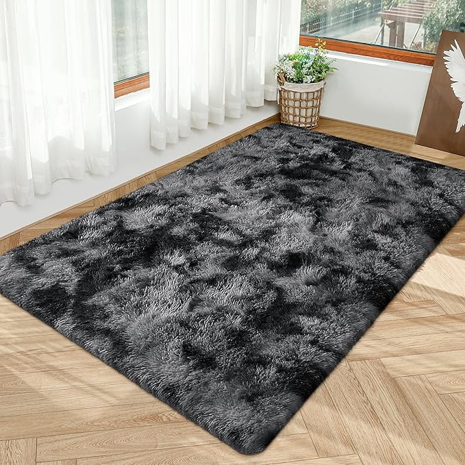 4x6 Dark Grey and Black Fluffy Rug for Bedroom Living Room Soft Fuzzy Large Shag Carpet Furry Plush Big Area Rug Indoor Kids Play Mat for Girls Boys Room Dorm Nursery Home, Tie Dye