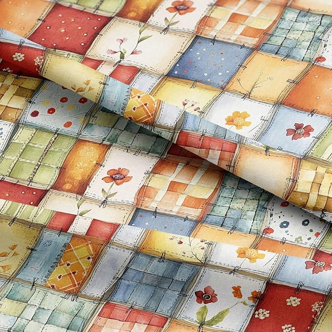 Patchwork Cotton Fabric Panel 61 x 36.6 Inches, Floral Quilt Style Squares, Soft Multicolor Design, 100% Cotton 140 GSM, Sewing Quilting Fabric