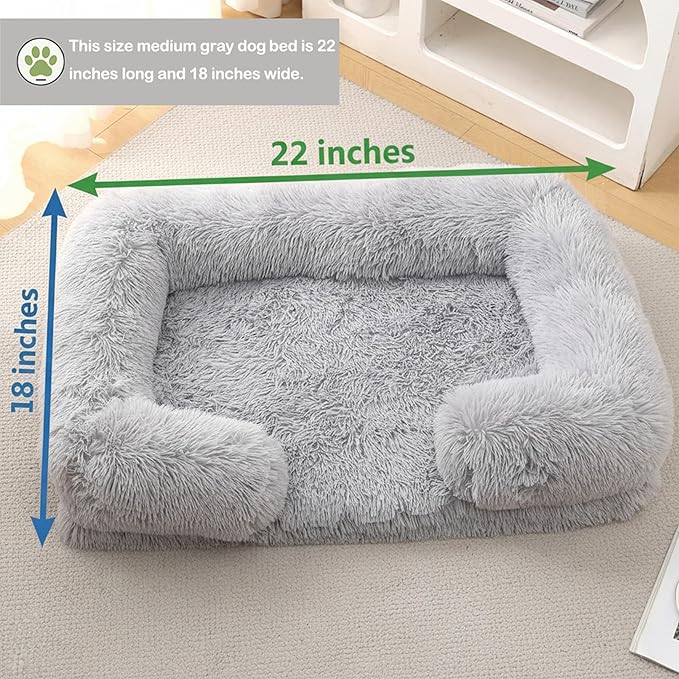 CareCooo Orthopedic Dog Bed for Medium Dogs - Washable Memory Foam Pet Sofa, Fluffy Plush Rectangular Bed, Waterproof Anti-Anxiety Couch, Light Gray, M