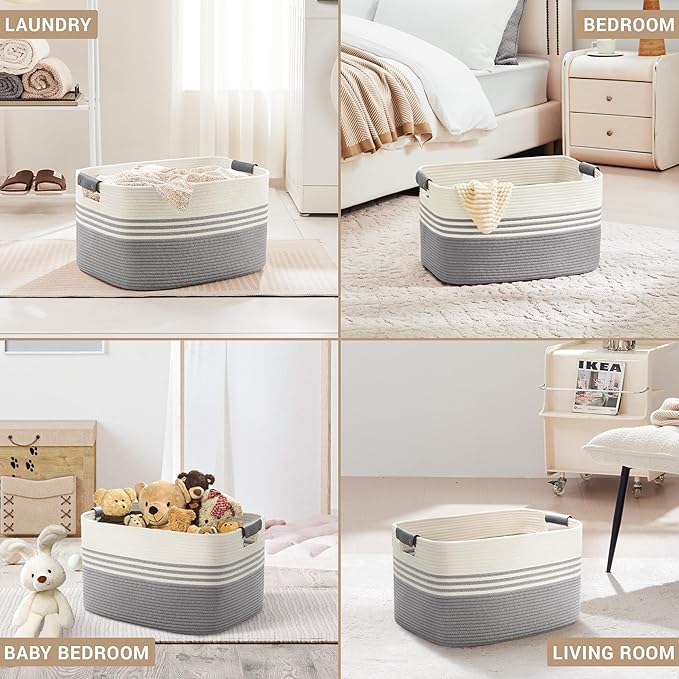 SunNewt 60L Large Laundry Basket with Leather Handles for Living Room Storage, Woven Rope Baskets Bin for Blanket, Kids Toy, Gifts, Wicker Hamper for Bedroom Dirty Clothes, 21"x15"x11" White Grey