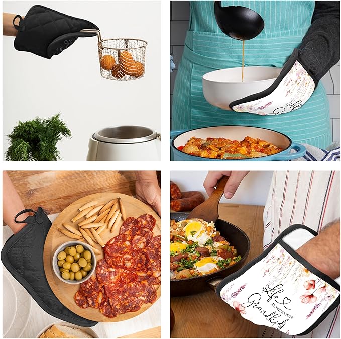Grandma Gifts from Grandkids Pot Holders with Pockets, Gifts for Grandma Grandmother Kitchen Accessories Sets, Life Better with Grandkids Heat Resistant Oven Glove Potholders for Kitchen