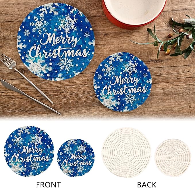 Boccsty Blue Snowflakes Pattern Trivet Mat 2PCS Christmas Round Woven Potholders Kitchen Table Countertop Protector Hot Pads Farmhouse Coasters Counter Mats for Cooking Baking