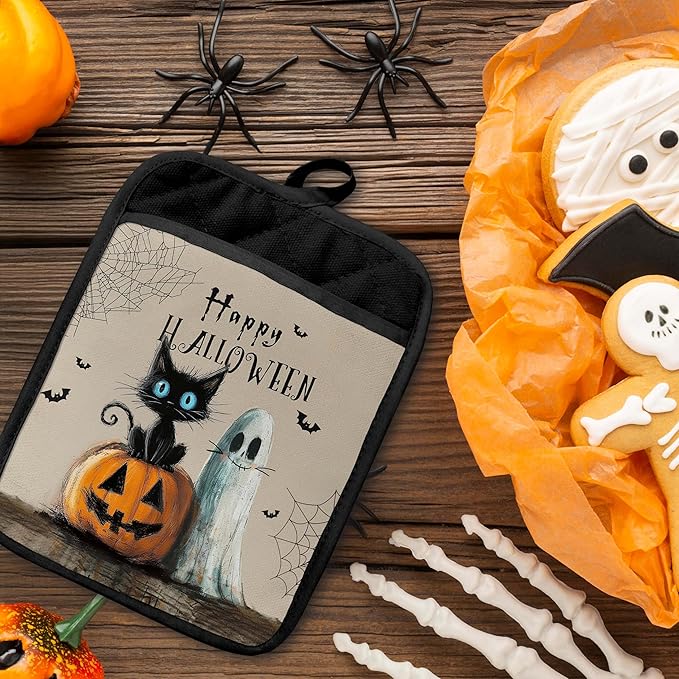 Halloween Black Cat Ghost Pot Holders with Pockets, Vintage Funny Black Cat Pumpkin Halloween Oven Pot Holders Heat Resistant Oven Mitts Hot Pads for Kitchen Baking Cooking