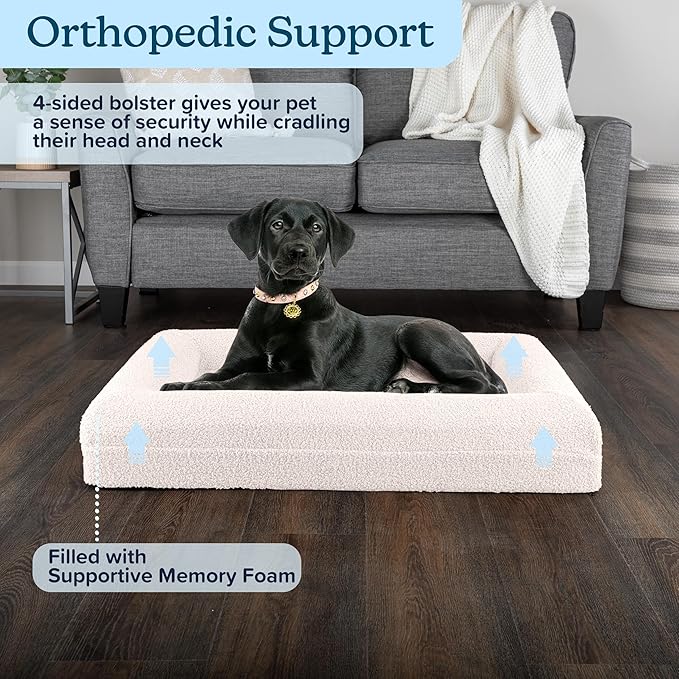 Orthopedic Pet Bed - 33in Medium Dog Bed with Supportive Bolster, Nonslip Bottom, and Removable Washable Cover - Memory Foam Puppy Bed for Medium Dogs - Dog Products by PETMAKER (Cream)