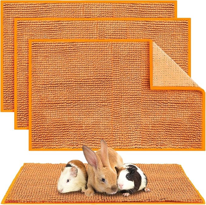 Amylove 4 Pcs Guinea Pig Cage Liner Guinea Pig Bedding Dog Door Mat for Muddy Pet Paws Washable Chenille Pee Pads Small Animal Sleeping Bed for Bunny Hamster(16 x 24 Inch,Rectangular,Orange)