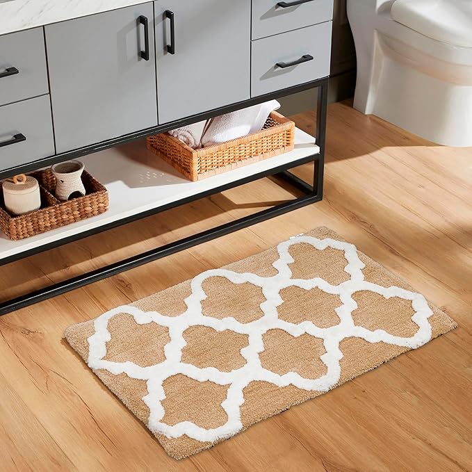 C23 Luxury Trellis Bath Rug Set of 2 (Beige & White) 20"x32" & 16"x24" | 2200 GSM Ultra-Thick High-Density Plush | Decorative Non-Slip Bathroom Mats | Hotel Quality, Machine Washable