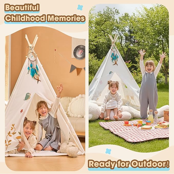 Teepee Tent for Kids with Colorful Flag, Kids Play Tent Indoor with Thicked Mat & Dream Catcher, Toddler Tent with Storage Pockets and Mesh Window for Reading Nook and Imaginative Games