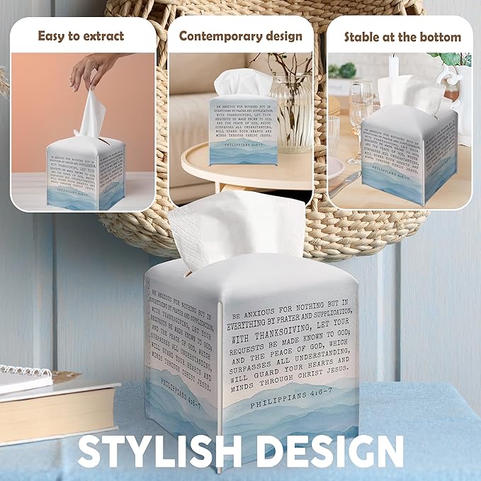 Christian Gifts Square Tissue Box Cover, Bible Verse Inspirational Quote Gift Ideas for Friends, Be Anxious for Nothing, Bathroom Office Decor, New Home Favor-(5.2 Inches)