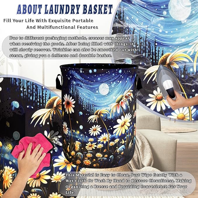Watercolor Flowers Laundry Hamper Foldable Oxford Cloth Night Starry Sky Floral Laundry Basket With Handle Portable Clothes Storage Basket Laundry Bag 18.9"x16.5" For Laundry Room/Bedroom/Bathrooms