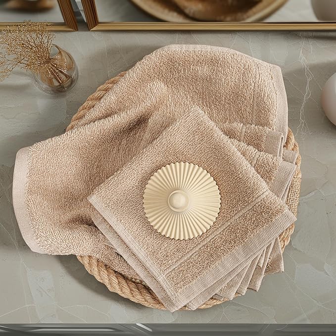 Tens Towels Pack of 24 Washcloths, 12 x 12 Inches, Lighter Weight, Quick to Dry, Super Soft & Absorbent, Gentle Face Towels, Hotel Quality, Perfect for Bathroom, Gym, Spa (Beige, 24 Pack)